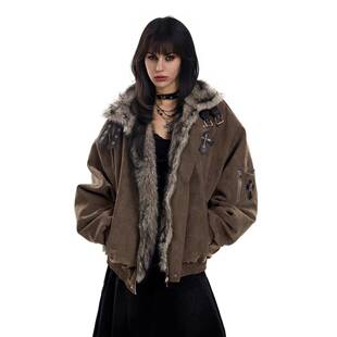 美式覆古毛领十字架座山雕棉服外套女加绒加厚夹克冬季新款棉衣潮