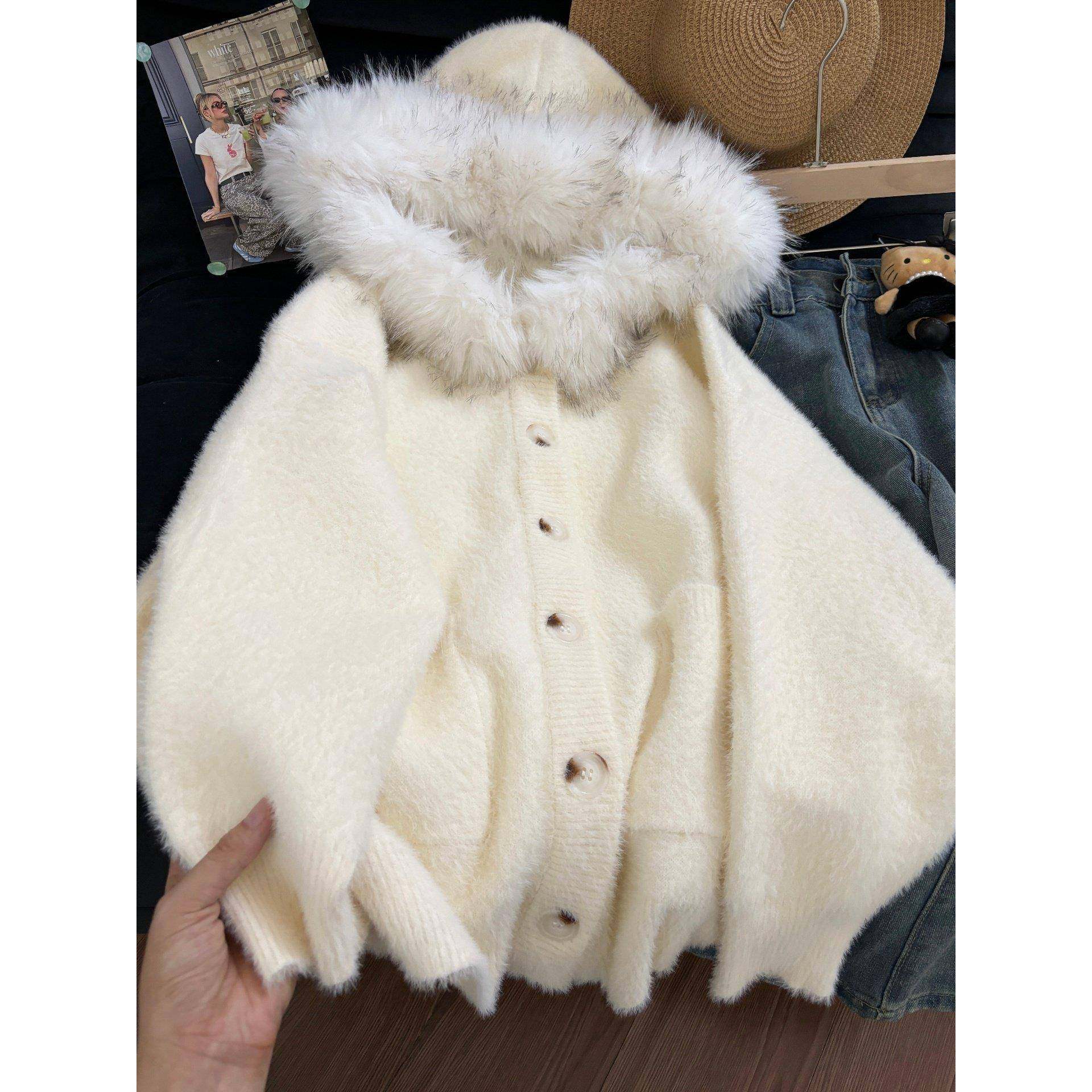 韩系白色狐狸大毛领水貂绒毛衣外套女冬季宽松慵懒风针织开衫上衣