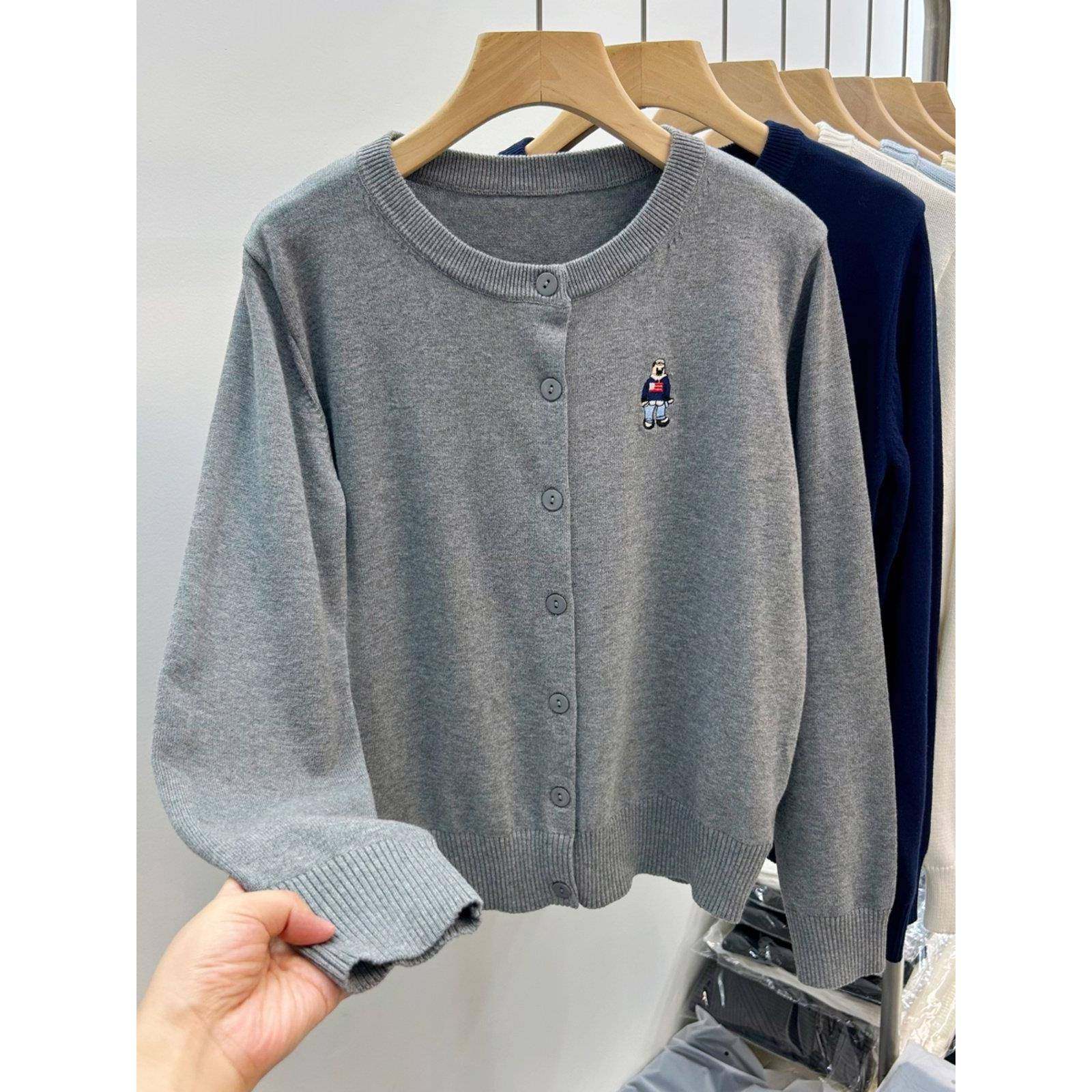 不起球100%纯棉针织衫女开衫2025年春装新款圆领毛衣外套48S精纺