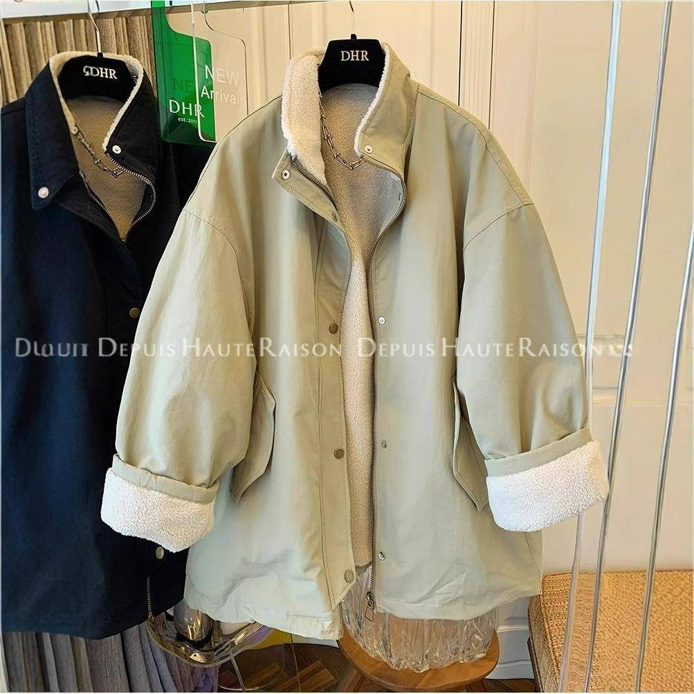 超好看工装羊羔毛加厚棉服棉衣宽松保暖大衣中长款外套女2024冬装