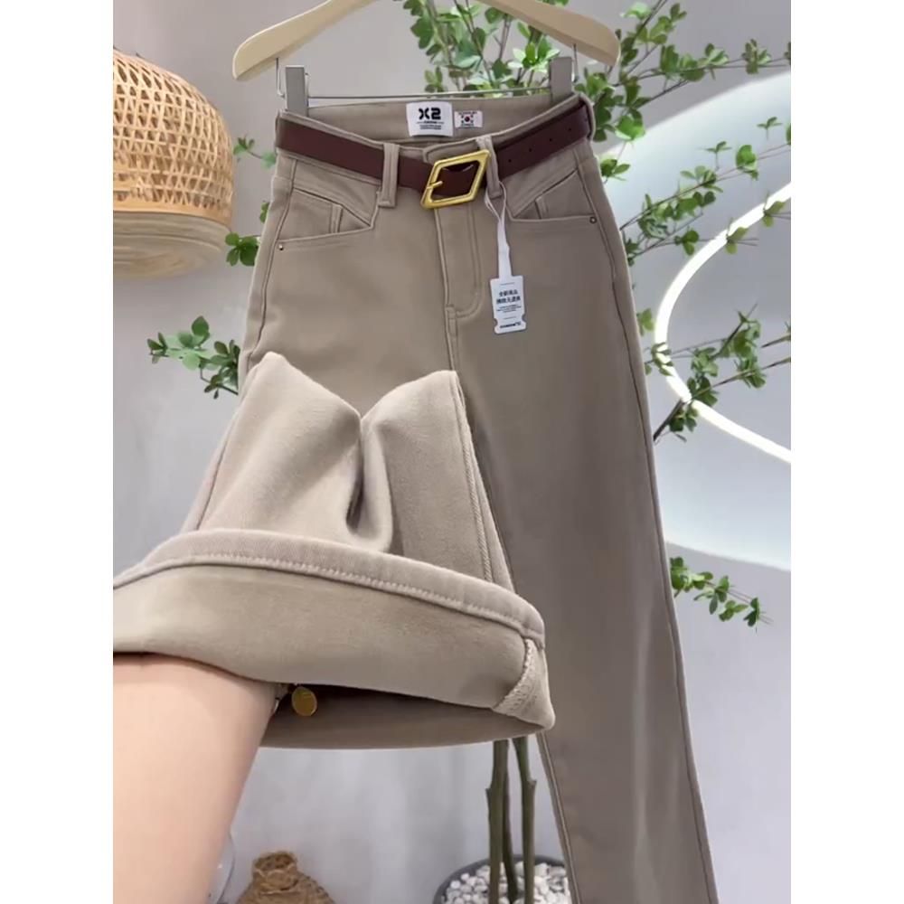 加绒加厚牛仔裤女秋冬季2025年新款高腰宽松显瘦直筒窄版阔腿裤