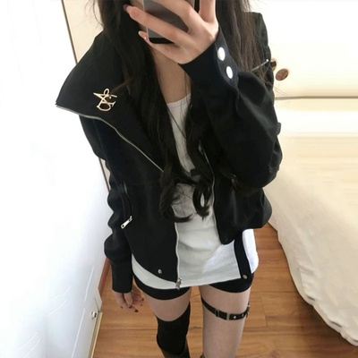 春季美式复古开春洋气黑色短款翻领麂皮外套女款春小个子夹克春秋