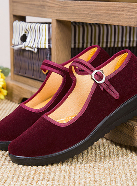 春秋新款老北京布鞋女红色舞蹈鞋透气耐磨舒适软底散步鞋妈妈鞋子