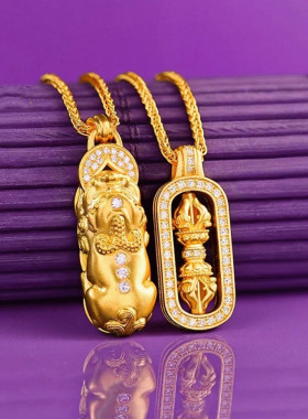 古法金转动款金刚杵项链 女纯银镀18K黄金色镶钻锁骨链新中式复古