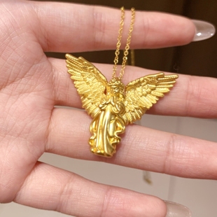 18K金小天使项链 女祈祷天使爱河守望锁骨链黄金高级感纯银