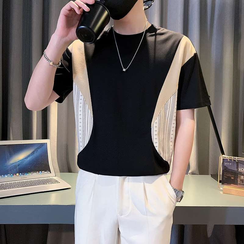 高级感拼接短袖男夏季潮牌痞帅体恤衣服2024新款半袖上衣TX16-P48,男装T恤,电商D323（原B261）