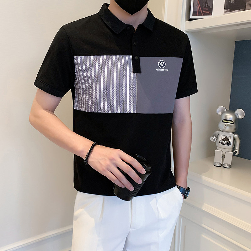 夏季时尚休闲拼接条纹翻领短袖T恤个性百搭ins男POLO衫PL10-P55,男装Polo衫,电商D323（原B261）