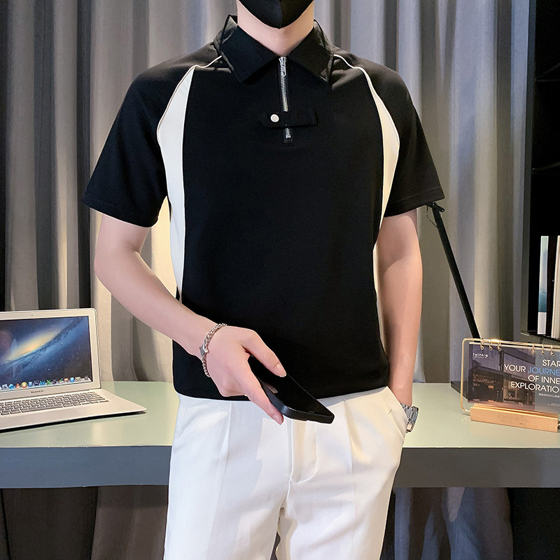 重磅半拉链短袖POLO衫男夏季体恤撞色拼接休闲半袖T恤上衣PL08P58,男装Polo衫,电商D323（原B261）