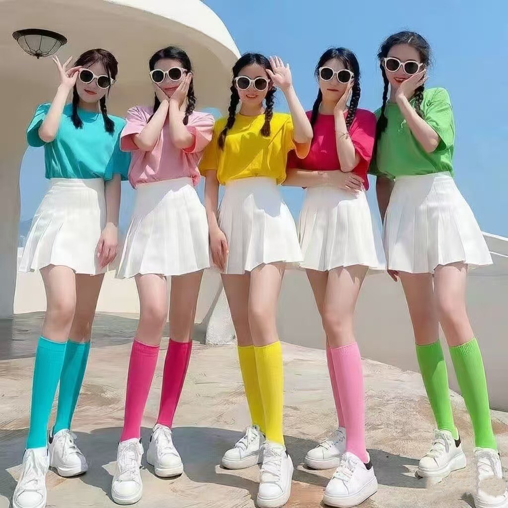 糖果色长筒袜女夏季薄款高筒袜彩色百搭袜子多巴胺彩色表演小腿袜
