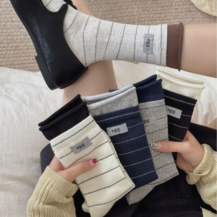袜子女秋冬纯棉egg条纹中筒袜布标双罗口堆堆袜东大门勃肯鞋 长袜