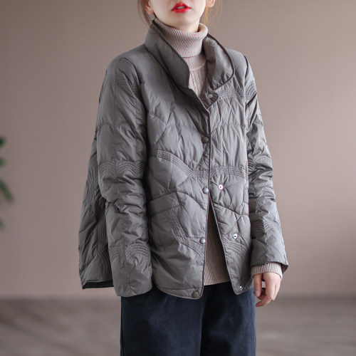 白鸭绒短款外套立领祥云压纹外套