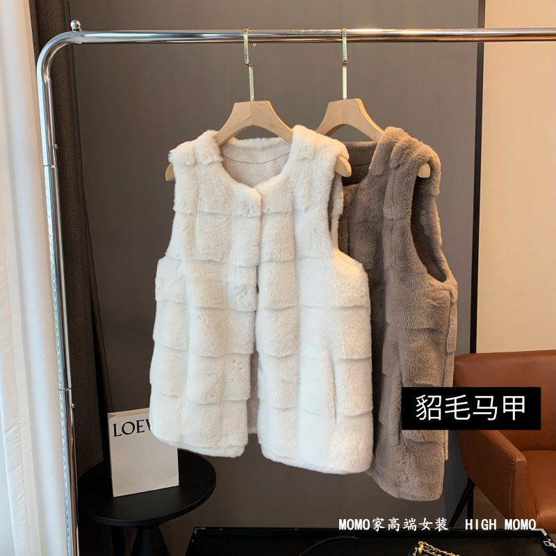 轻奢女装欧货丹麦貂毛混纺名媛显瘦皮草毛毛背心马甲外套2024秋冬