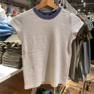 正肩t恤女上衣 复古条纹短袖 100%纯棉brandymelvillegirl新款 美式