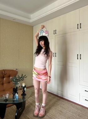 美式复古辣妹印花彩色半身裙女百搭a字显瘦低腰性感气质包臀短裙