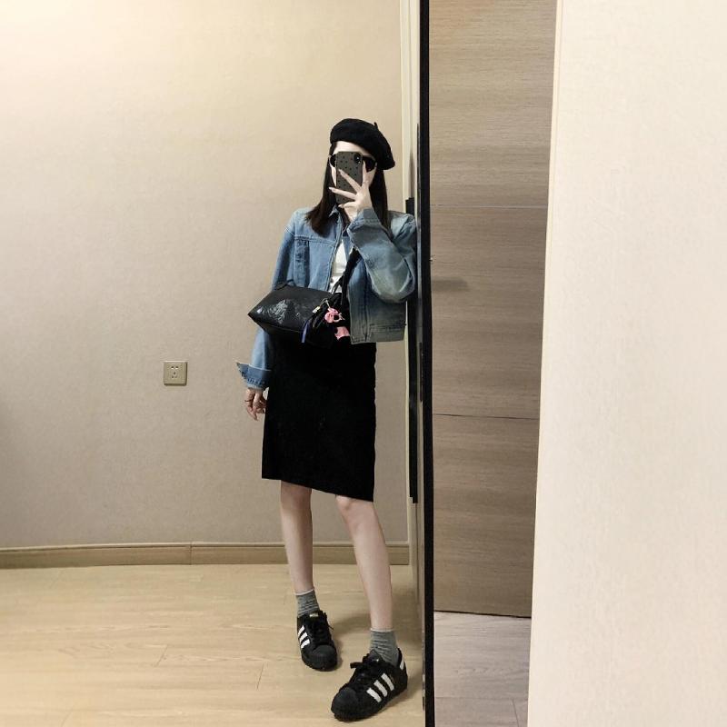 浪漫法式黑色灯芯绒半身裙女