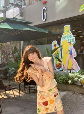 美式复古黄色格纹水果印花半身裙女辣妹气质包臀百搭a字休闲短裙