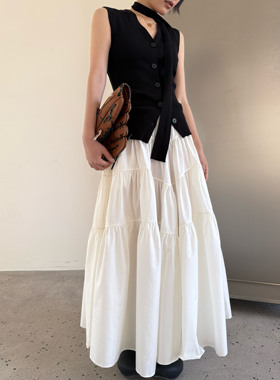 长期主义 白色半身裙女 高腰显瘦中长款a字伞裙 经典百搭长裙