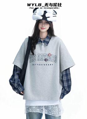 WYLB｜男女款假两件格子拼接翻领卫衣小众设计感美式宽松长袖T恤
