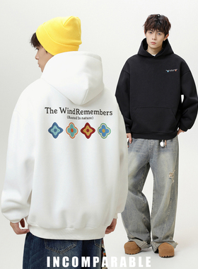 【iN】美式复古四时花境刺绣连帽卫衣男女学院风情侣宽松外套上衣