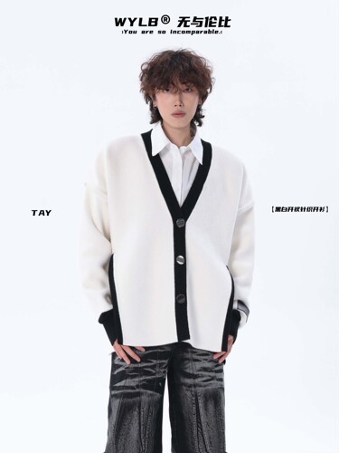 开衫V领撞色针织毛衣开衩