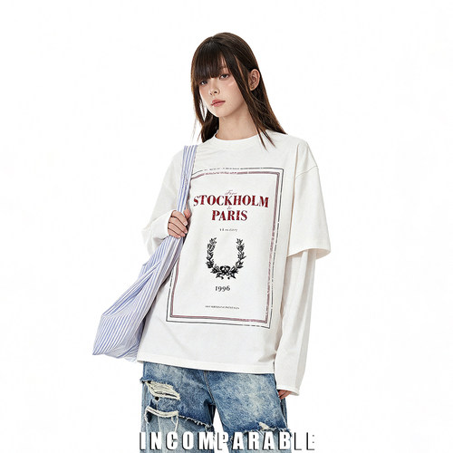 梓渝同款假两件拼接网纱袖长袖T