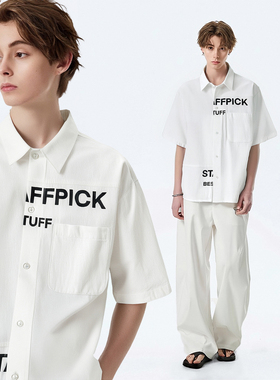 LB｜原创小众字母印花白色短袖衬衫男女宽松廓形cleanfit外搭衬衣