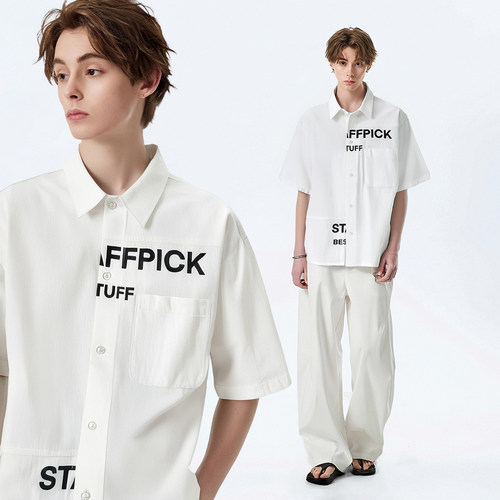 小众字母印花白色短袖衬衫男女款