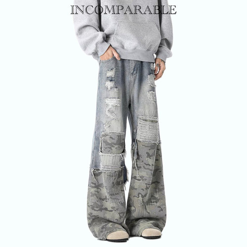 十个勤天水洗破洞拼接迷彩长裤男