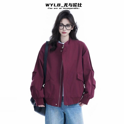 中性风街头酒红色棒球服夹克外套