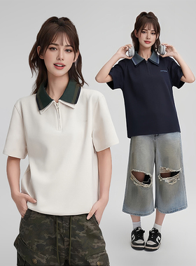 LB｜美式复古撞色拼接polo衫短袖T恤女2025新款宽松休闲港风上衣