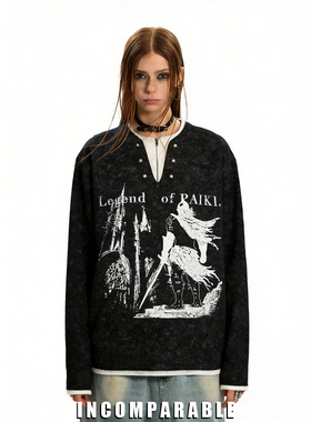 【iN】美式复古亨利领珍珠扣假两件长袖T恤男女暗黑风y2印花上衣