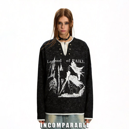 复古亨利领珍珠扣假两件长袖T恤