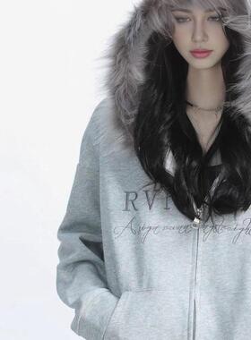 WYLB｜男女款秋冬新款毛领连帽卫衣女美式复古宽松拉链开衫外套潮