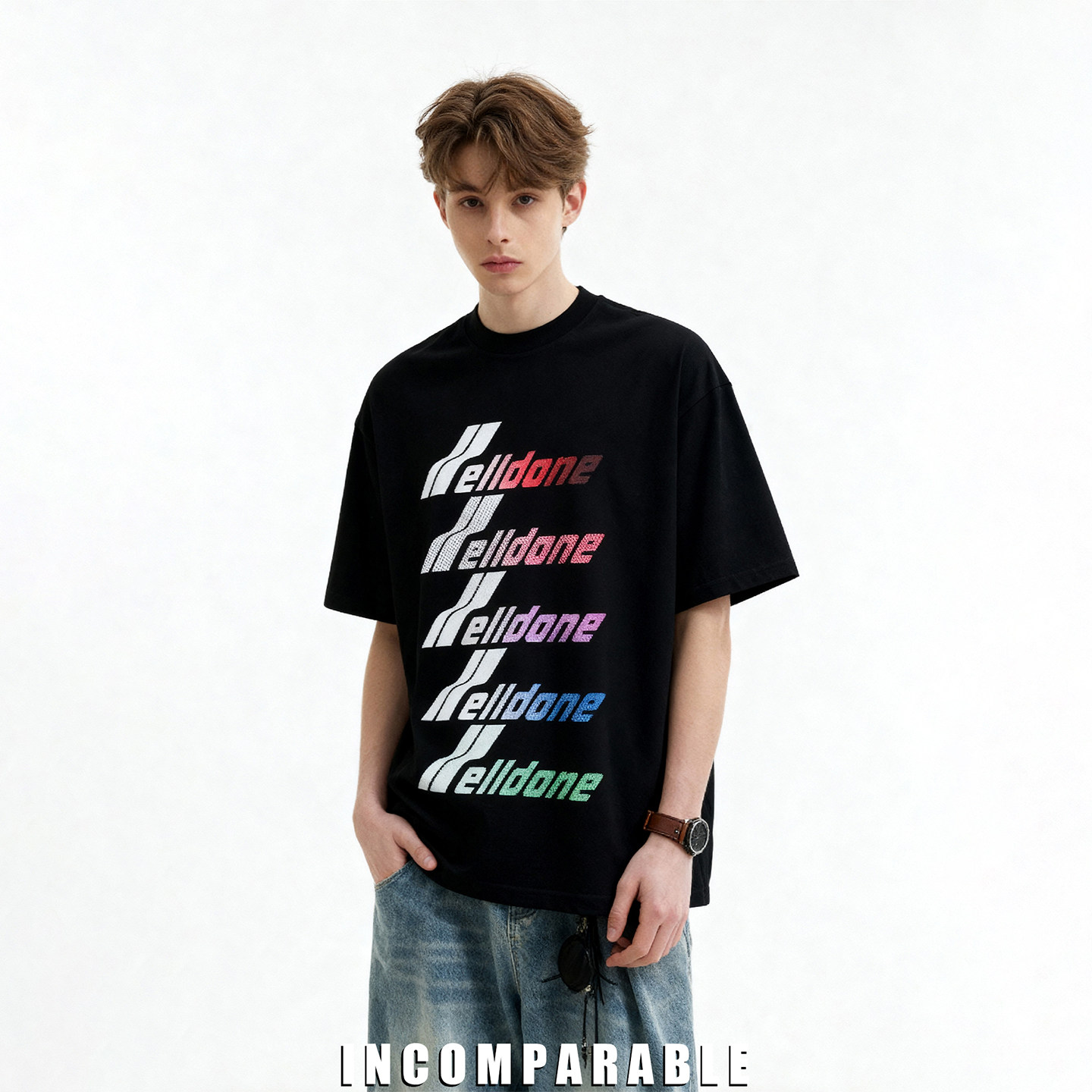 【明星同款】鹿晗同款T恤美式潮牌字母印花烫钻短袖T恤男女情侣款