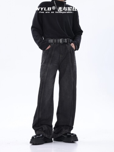 拉链长裤拼接秋冬做旧牛仔裤