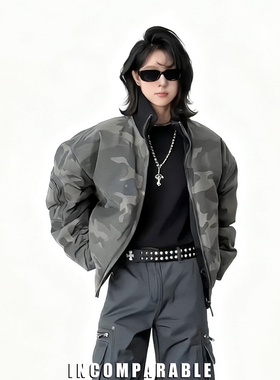 【iN】美式潮牌迷彩两面穿夹克棉服复古飞行夹克外套上衣男女同款