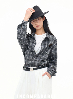 【iN】明星同款日系复古毛边格子衬衫男女小众破洞设计感长袖衬衣