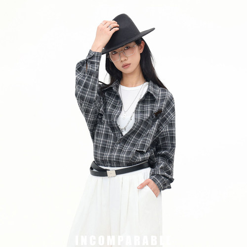 明星款日系复古毛边格子长袖衬衫