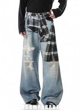 【iN】明星同款美式复古格子印花牛仔裤男女设计感做旧破洞直筒裤
