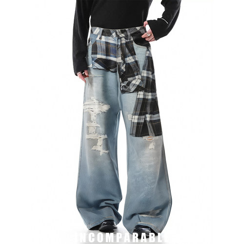 明星同款美式复古格子印花牛仔裤