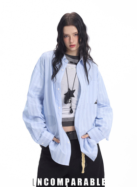 【iN】明星同款高级感休闲蓝条纹衬衣男女美式潮牌设计感长袖衬衫