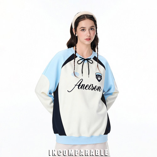 复古高级感蓝白撞色拼接宽松卫衣