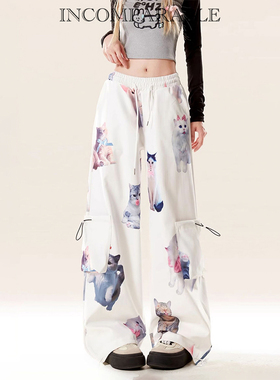 LB｜美式小猫印花白色阔腿工装裤女秋冬季宽松直筒休闲运动裤子潮
