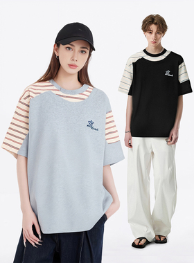 LB｜男女款美式设计感条纹拼接短袖T恤夏季oversize宽松半袖上衣