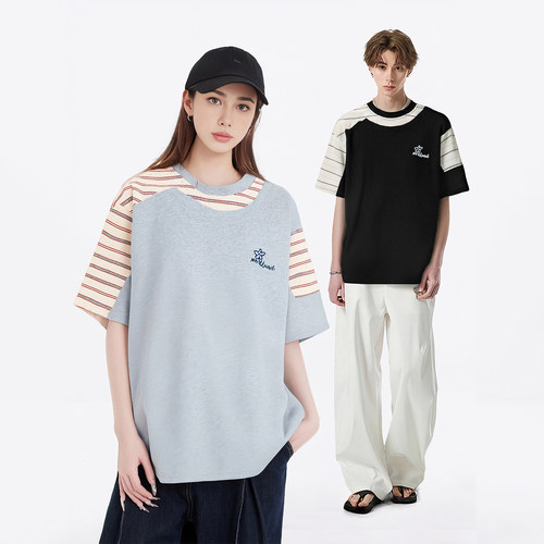 美式设计感条纹拼接短袖T恤男女