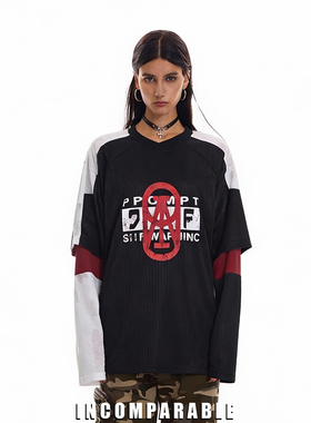 【明星同款】美式街头肌理运动假两件球衣T恤潮牌撞色拼接长袖T恤