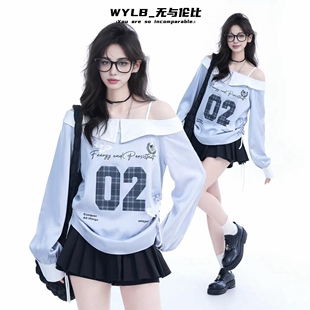 WYLB｜美式 T恤女缎面露肩运动风球衣 街头辣妹一字肩吊带性感长袖