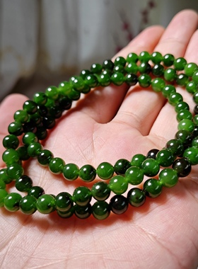 俄罗斯碧玉手链项链108红皮老坑料菠菜绿女款多圈圆珠