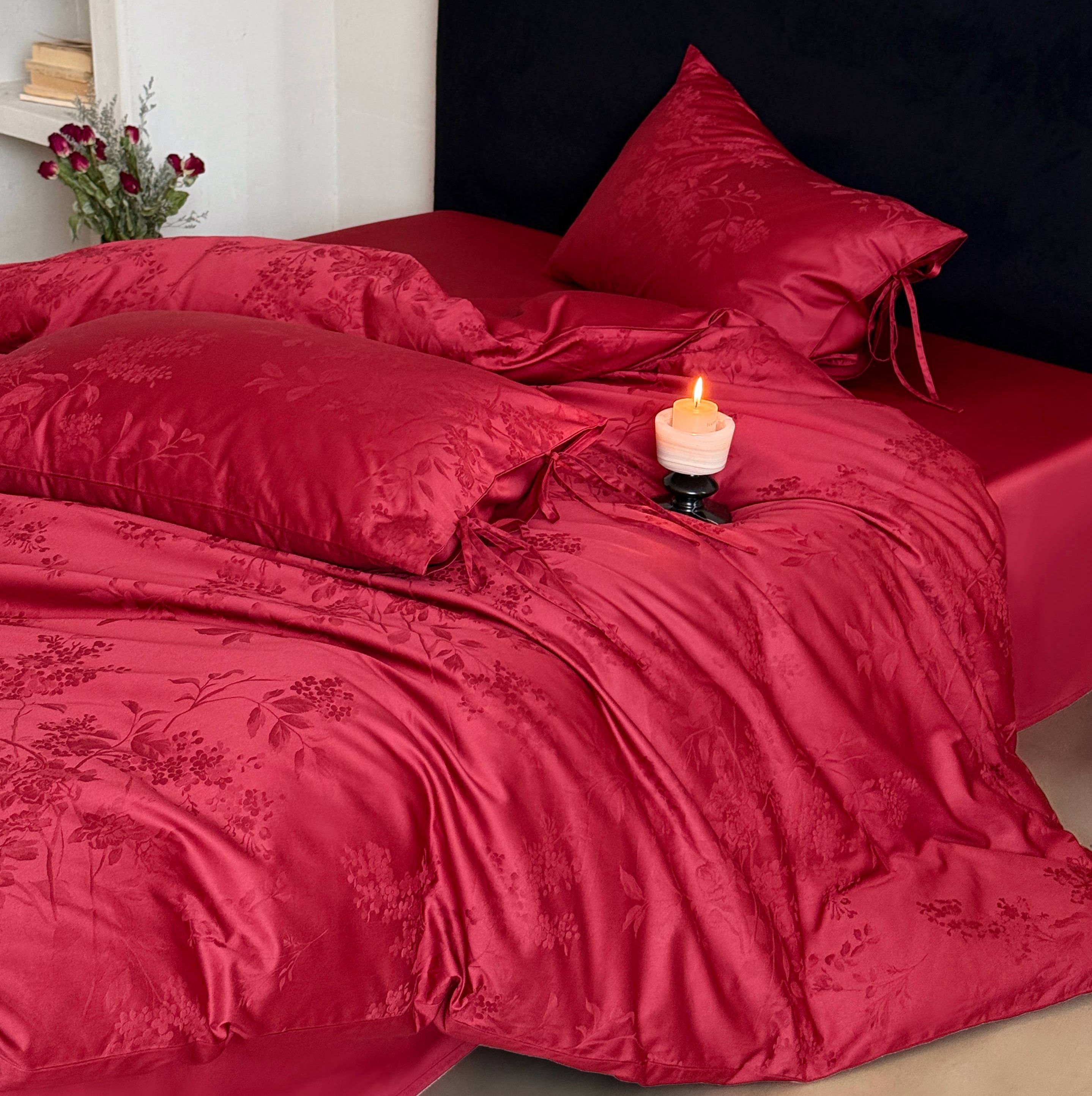 高级感全棉长绒棉四件套轻奢风提花结婚喜嫁红色床上用品床单被套