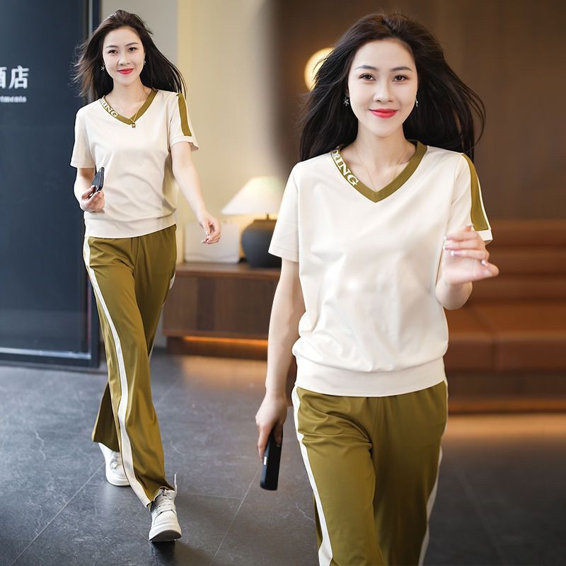 时尚休闲运动套装女夏季时尚洋气V领冰丝短袖阔腿裤跑步服两件套